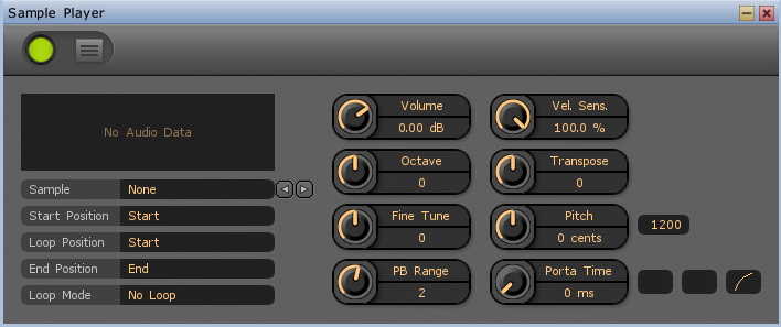 Okno sample playeru, je buď takto jednoduchý, nebo jako multisampler s možností velocity layerů a všeho možného